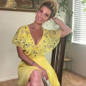 Yellow ASOS midi dress with cape back & sequins